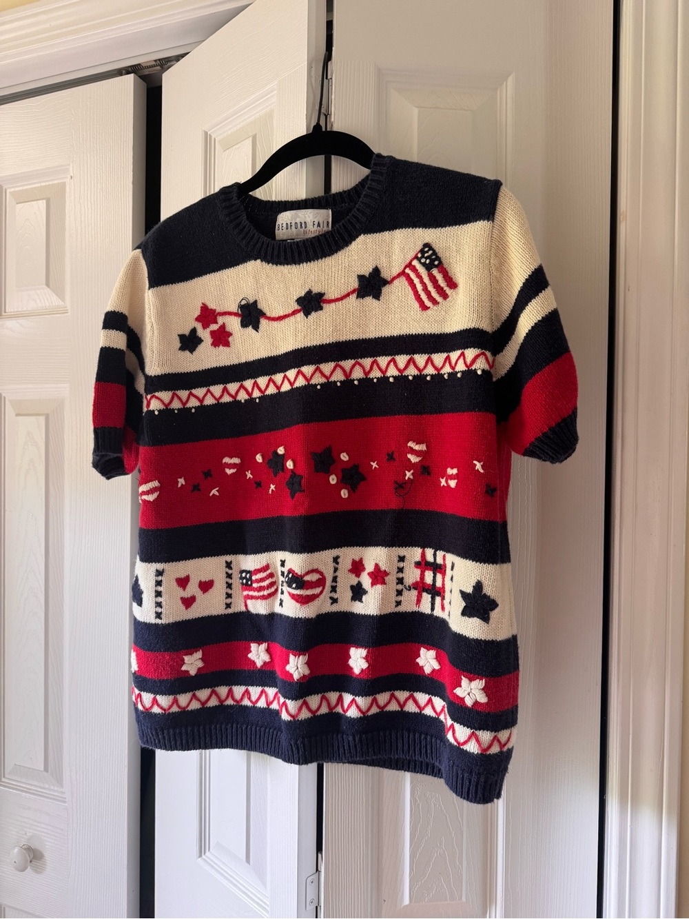 Vintage Bedford Fair Patriotic Striped Short-Sleeve Knit Sweater